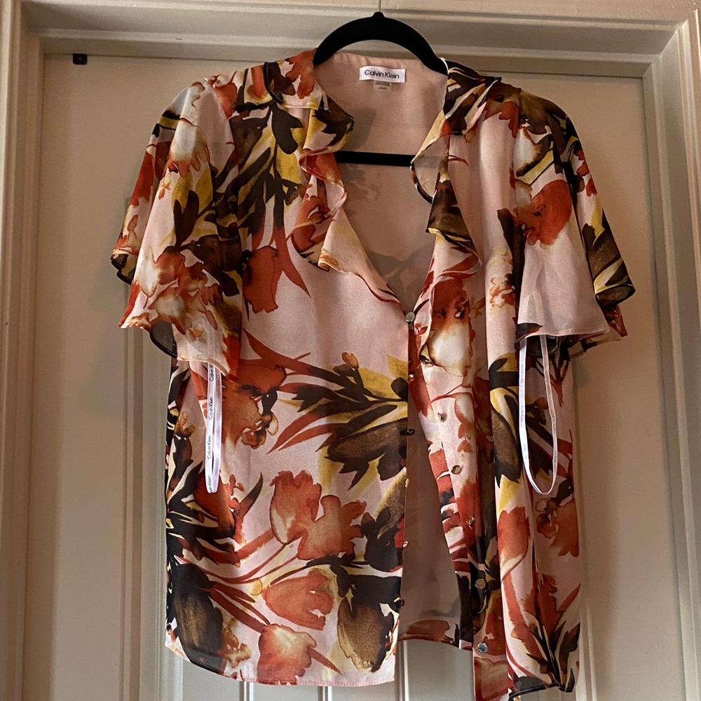 Calvin Klein Floral Blouse - Orange, Yellow, Black